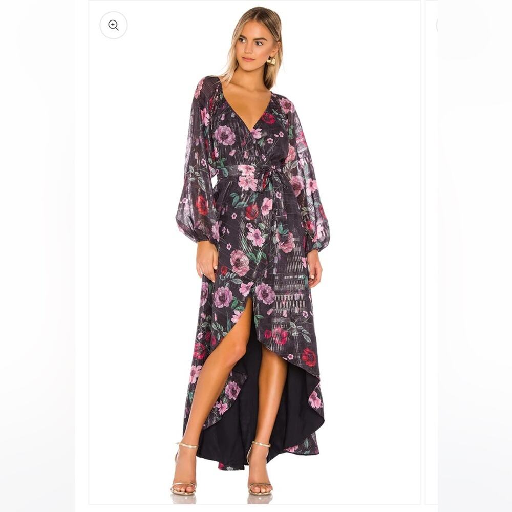 Revolve Tularosa Cora Wrap Dress Metallic Gown Black Purple Red Floral Small